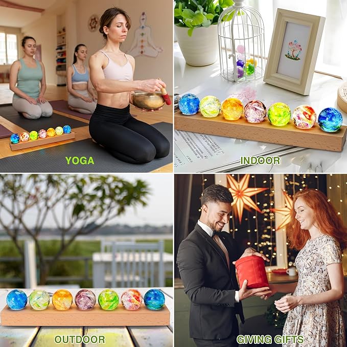 7 Chakra Natural Healing Spheres with LED Wooden Stand 40mm Crystal Quartz Stones for Meditation Attracts Lucky Night Light Decoration Balls Set for Home Office