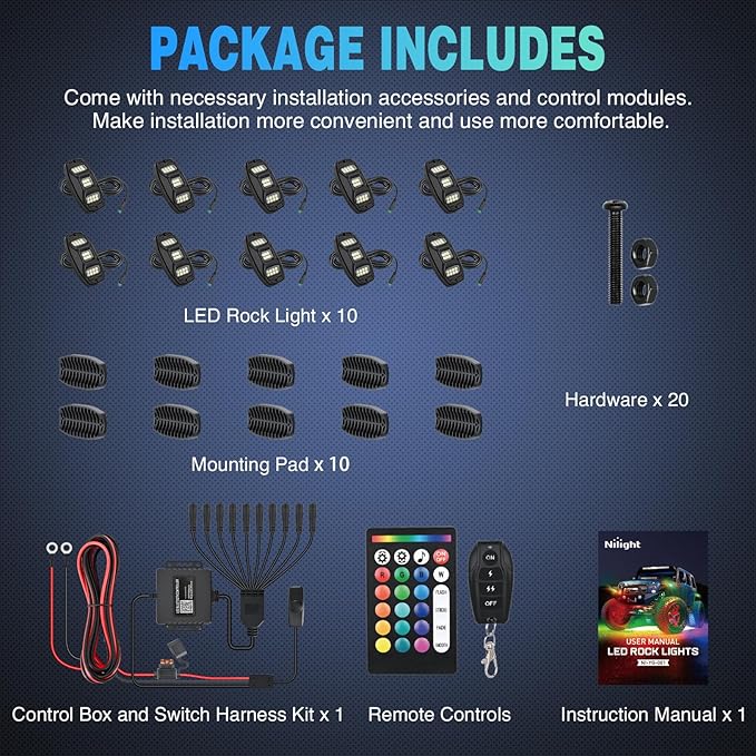 Nilight RGBW LED Rock Lights Kit, 10 Pods 22LED Wide Angle Remote & Bluetooth App Dual Control with Music Modes Multicolor Underglow Neon Wheel Well Light Fit for ATV UTV SUV Offroad Truck RZR Boat