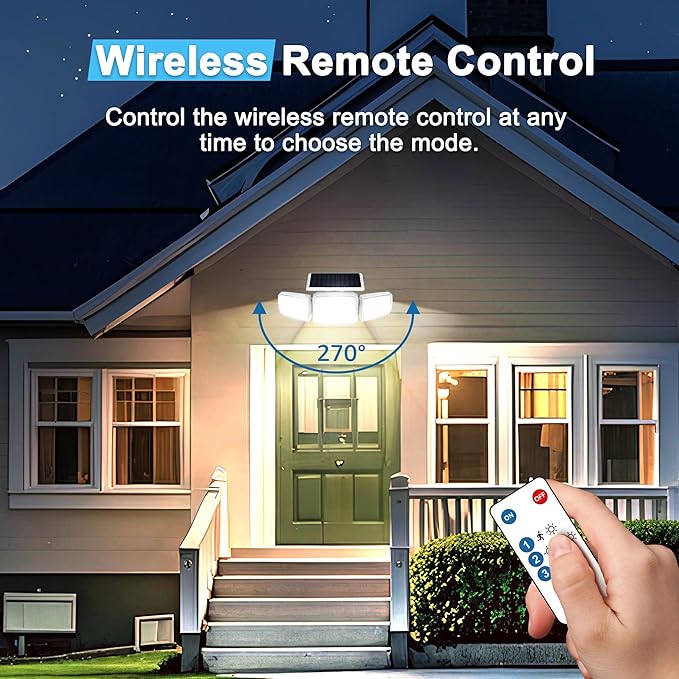 White Solar Security Light Outdoor Super Bright LED, Motion Sensor Solar Flood Light, 3 Heads 270° Wide Angle,Remote Control, IP65 Waterproof, 3 Modes (3 Packs)