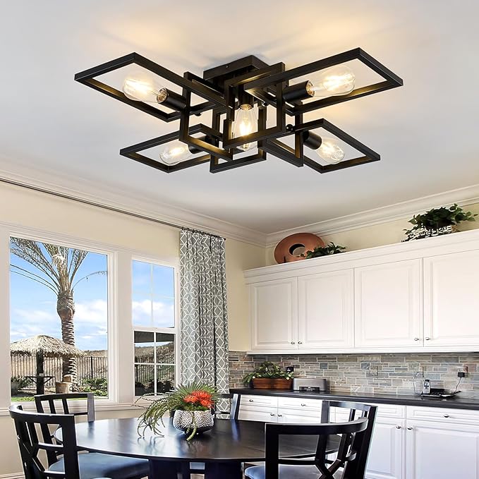 ZGLAOJT Black Industrial Flush Mount Ceiling Light 5-Light Kitchen Light Fixtures Modern Large Matte Sputnik Chandelier for Dining Room Bedroom Farmhouse Living Room