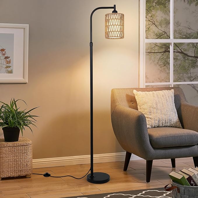 LAMSU Rattan Floor Lamp with Remote – Dimmable Boho Farmhouse Standing Lamp, Height Adjustable 57"-65", LED Bulb Included, for Living Room & Bedroom