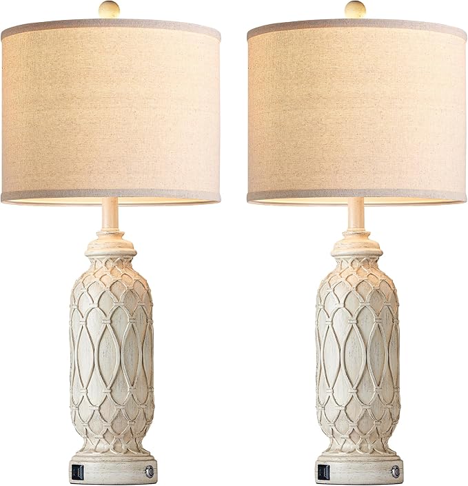 Farmhouse Lamps for Living Room Set of 2, 28" Table Lamps for Bedroom with USB A+C Charging Ports, Touch Lamps for Nightstand, 2 Bulbs Included