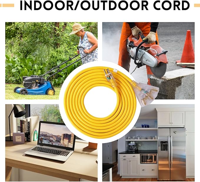 EP 50 Ft Lighted Outdoor Extension Cord with 3 Electrical Power Outlets - 14/3 SJTW Heavy Duty Yellow Extension Cable with 3 Prong Grounded Plug - Power Cord for Lawn, Garden, Appliances