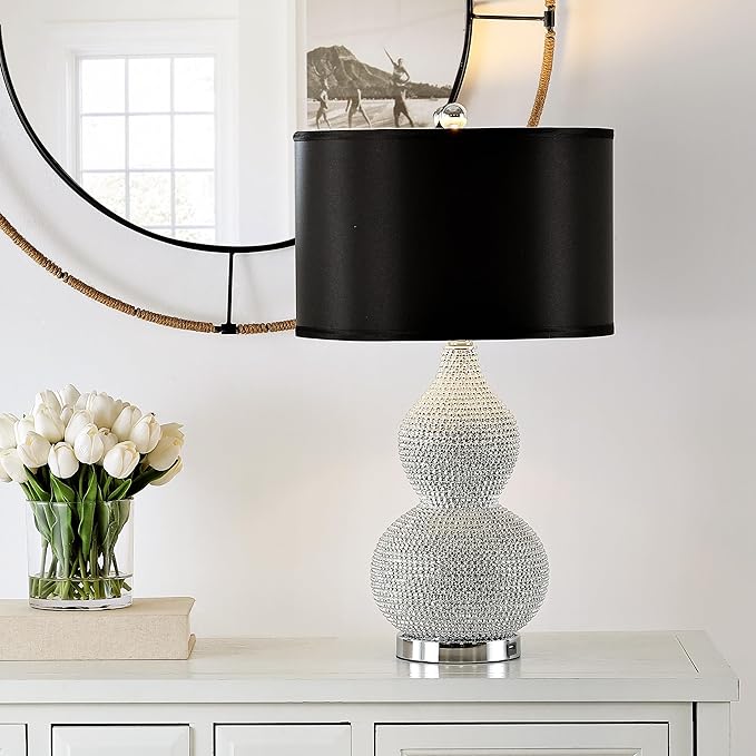 SAFAVIEH Lighting Collection Nicole Silver/Black Shade Beaded 25-inch Table Lamp Set of 2 with USB Charging Port (LED Bulbs Included)