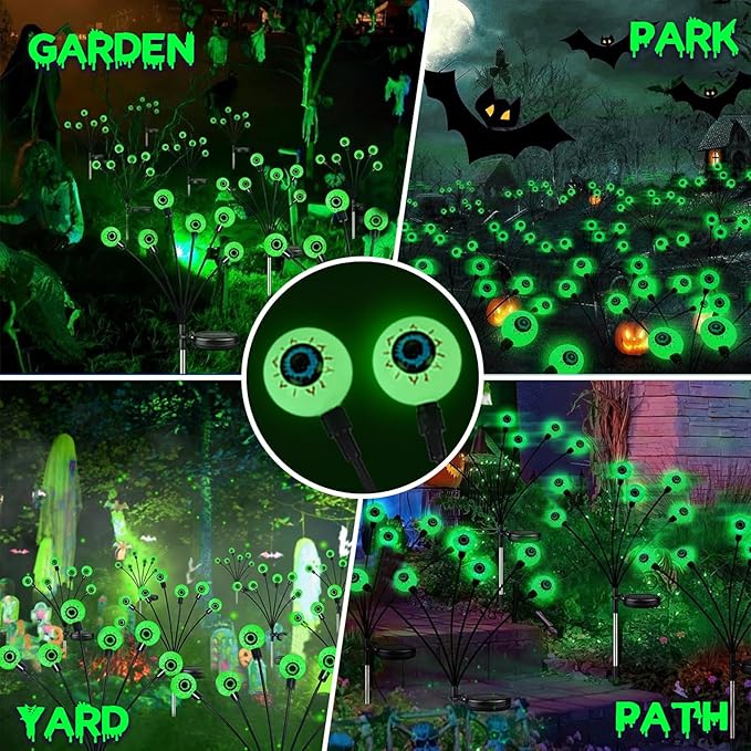 2 Pack Halloween Outdoor Decorations Solar Eyeball Lights, 12 LED Green Eyeball Swaying Firefly Light with 2 Lighting Modes, Halloween Decor Waterproof for Patio Yard Lawn Graveyard Props