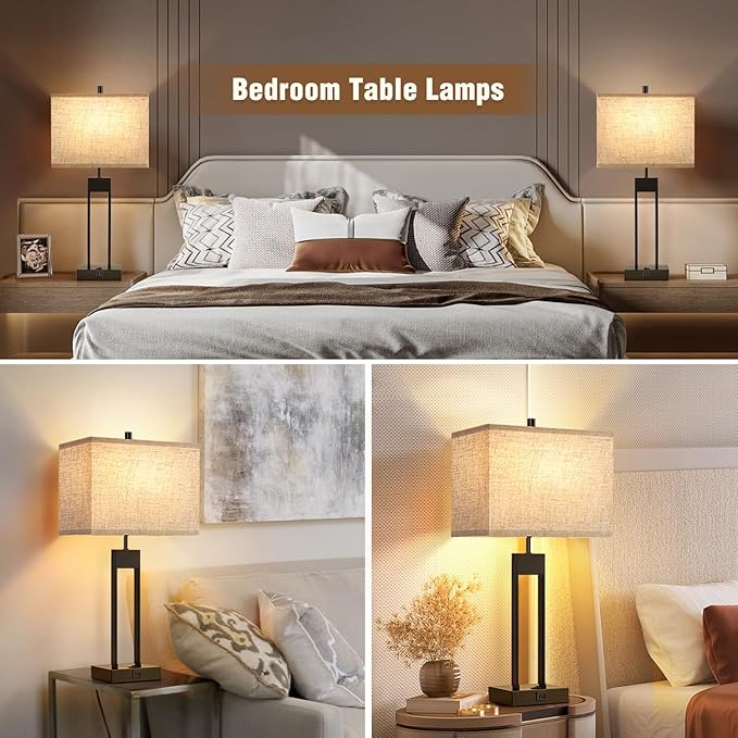 25.5’’ Nightstand Table Lamps for Bedrooms Set of 2, Bedside Lamp with USB C+A, 3 Colors Changeable Living Room Lamps for End Tables, Modern Night Stand Lamps for Bed Side Guest Room Office Reading