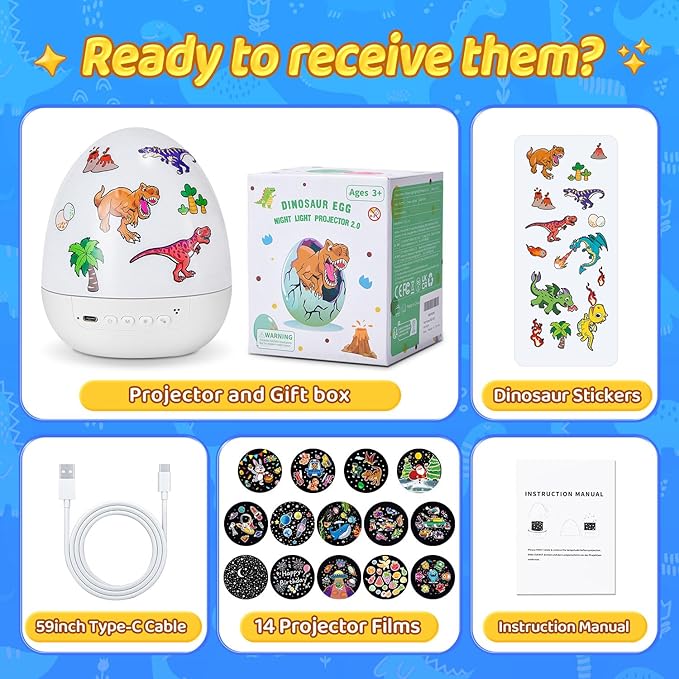 Easter Egg Light for Nursery Sound Machine | 15 Sleeping Sounds+12HD Films+7 Colors+360°Rotating | Easter Gifts for Kids Primal Hatch Dinosaur Egg Night Light for Nursery Boy Toys Hatch Sound Machine
