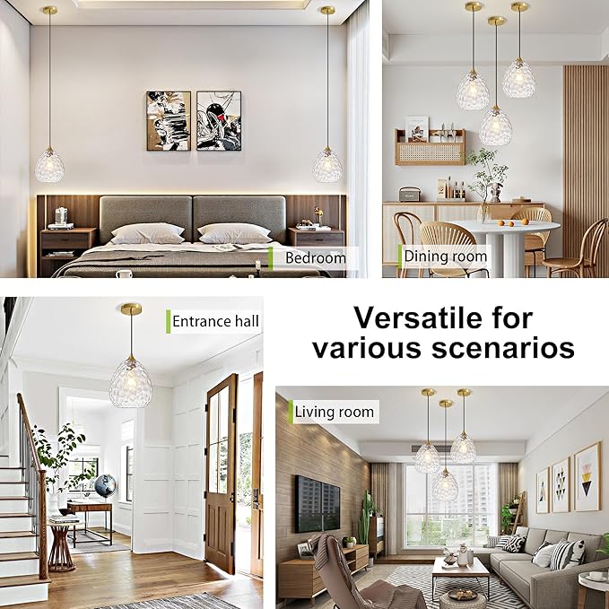 Glass Pendant Lights Kitchen Island, Brass Gold Pendant Lighting Fixtures, Modern Hanging Ceiling Light with 8.27'' Hammered Glass Shade for Farmhouse Dining Room Bedroom Hallway(1 Pack)
