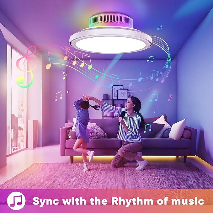 18" Bladeless Ceiling Fans, Low Profile Ceiling Fan with Light, RGB Ceiling Fan Support Alexa with Voice/Remote/APP Control, 6 Speeds Modern Flush Mount Smart Ceiling Fans for Bedroom, White