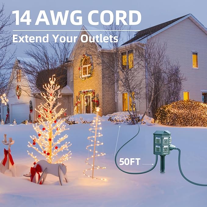 Outdoor Power Strip Timer Waterproof, Dusk to Dawn Light Sensor Countdown, 50 Feet Extension Cord, 6 Grounded Outlets for Christmas Decorations, ETL Listed
