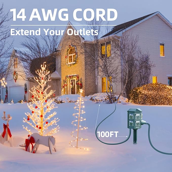 Outdoor Power Strip Timer Waterproof, Dusk to Dawn Light Sensor Countdown, 100FT Extension Cord, 6 Grounded Outlets for Christmas Decorations, ETL Listed