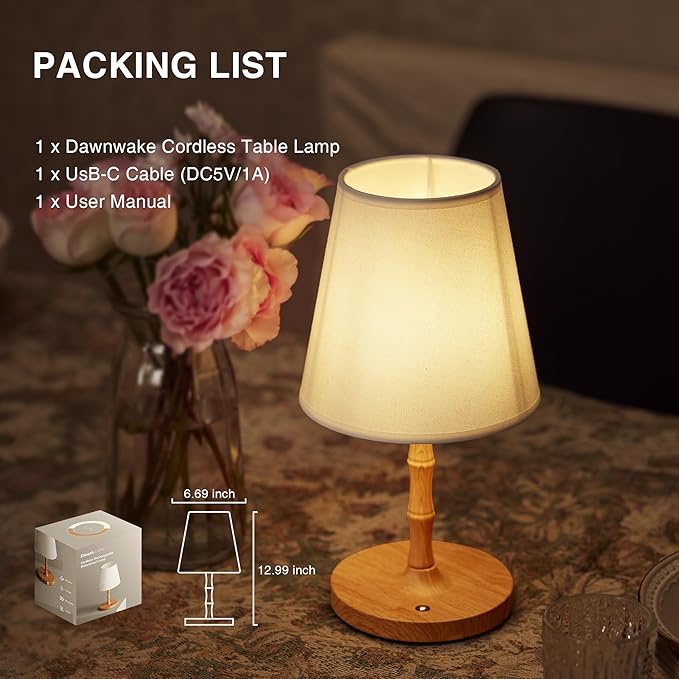 Table Lamp Bedside Desk Lamp,Cordless Rechargeable Battery Operated Lamps for Bedroom Night Stands,3 Colors Touch Dimmable Small Table Kitchen Lamps for Living Room,4000mAh LED (Fabric Shade)