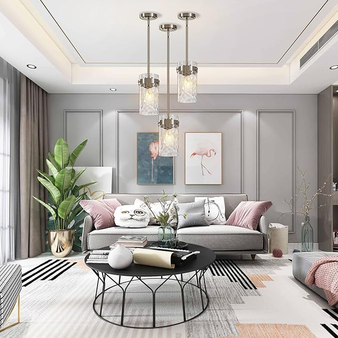 4.72" Hammered Glass Pendant Lighting for Kitchen Island 2 Pack, Modern Brushed Nickel Pendant Light Fixtures, Adjustable Ceiling Pendant Light for Kitchen Island Dining Room Bedroom Hallway