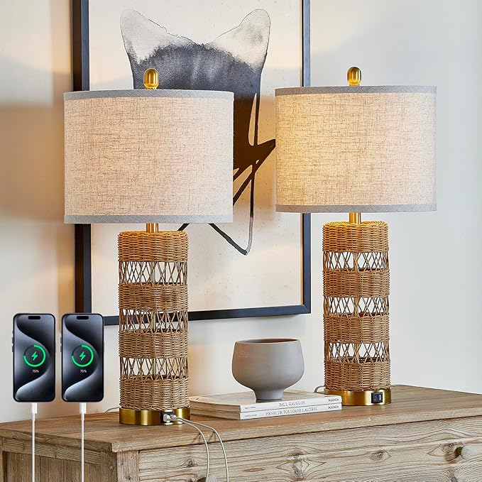 Boho Rattan Stylish & Functional & Versatile Decor USB Table Lamps Set of 2-28" Farmhouse Bedside Lights,Bulbs Included