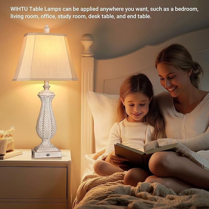3-Way Dimmable Table Lamps for Bedrooms Set of 2, Light Wood Mermaid Bedside Lamp for Nightstand, 30" H Touch Lamps for Living Room with USB & Type-C Ports, Resin Farmhouse Rustic Lamp with 2 Bulb