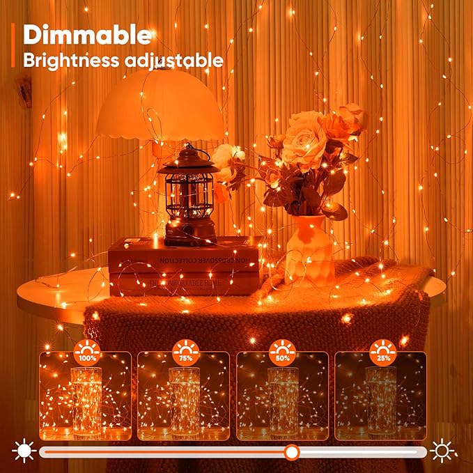 2 Pack 65.6 Ft. Battery Operated Outdoor String Lights with Remote & Timer, LED Orange Fairy Lights, Waterproof Twinkle Lights for Bedroom, Dorm, Mason Jar, Wedding, Party, Christmas