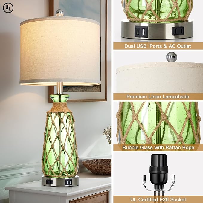 25.5" Green Glass Table Lamps Set of 2, 3-Way Dimmable Touch Control Bedside Lamps with 2 USB Ports and AC Outlet, Coastal Nightstand Lamp for Bedroom Living Room (LED Bulbs Included)