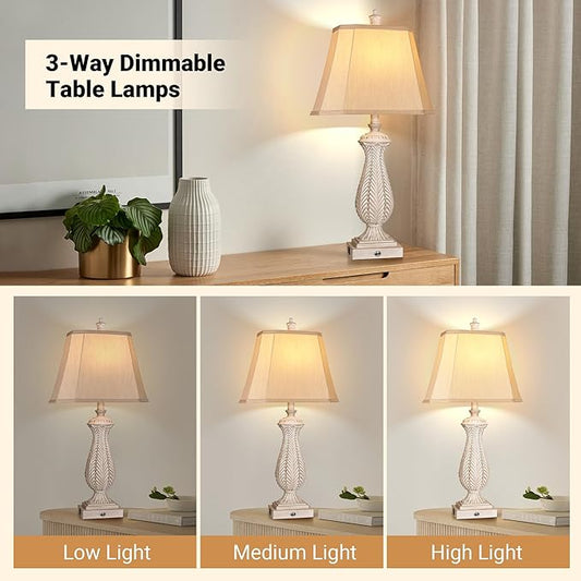 3-Way Dimmable Table Lamps for Bedrooms Set of 2, Light Wood Mermaid Bedside Lamp for Nightstand, 30" H Touch Lamps for Living Room with USB & Type-C Ports, Resin Farmhouse Rustic Lamp with 2 Bulb