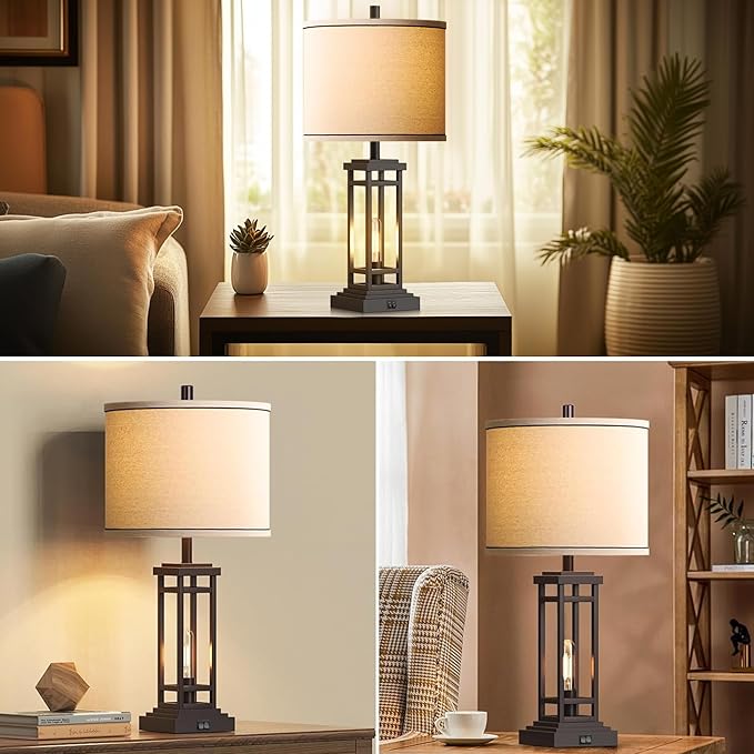 ROTTOGOON 27.5 Tall Farmhouse Table Lamp with USB C + USB A Charge Ports, Rustic Living Room Lamp, Black Industrial End Table Lamp for Bedroom Living Room Nightstand (Oil-Rubbed Bronze)