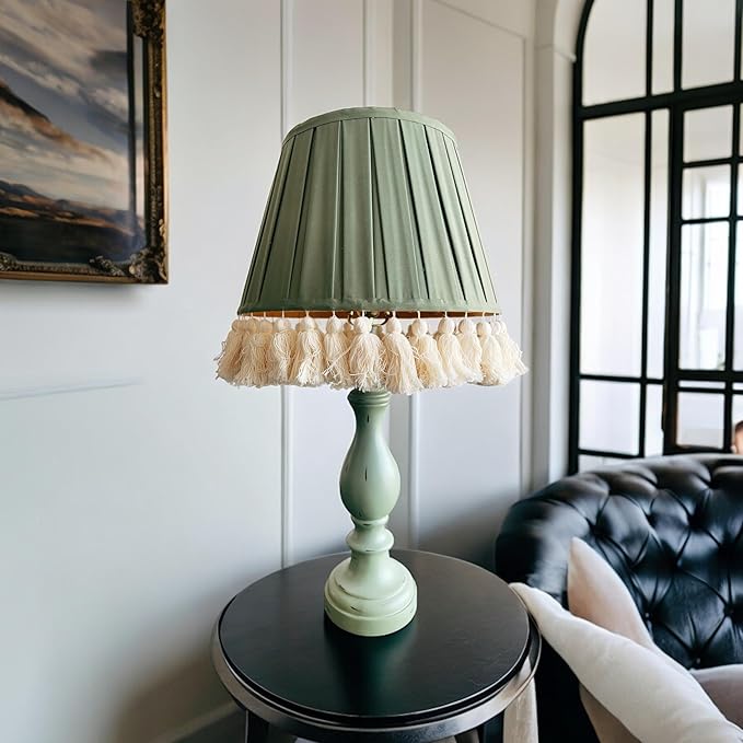 Tristan Home Round Pleated Lamp Shade with Tassels 9x14x12 inches (Height 12inch Includes Tassels) Olive Green)