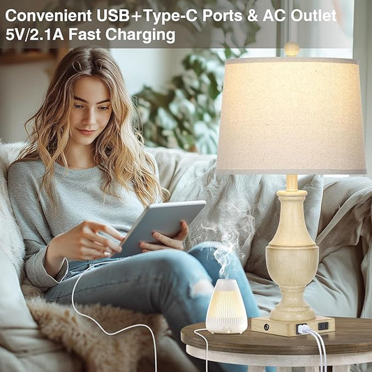 Farmhouse Vintage 3-Way Dimmable Table Lamp Set of 2 with USB A+C Charging Ports & AC Outlet, Rustic Mid Century Antique Traditional Bedside Lamps for Living Room Bedrooms Nightstand End Table White