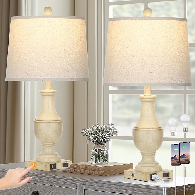 Farmhouse Vintage 3-Way Dimmable Table Lamp Set of 2 with USB A+C Charging Ports & AC Outlet, Rustic Mid Century Antique Traditional Bedside Lamps for Living Room Bedrooms Nightstand End Table White