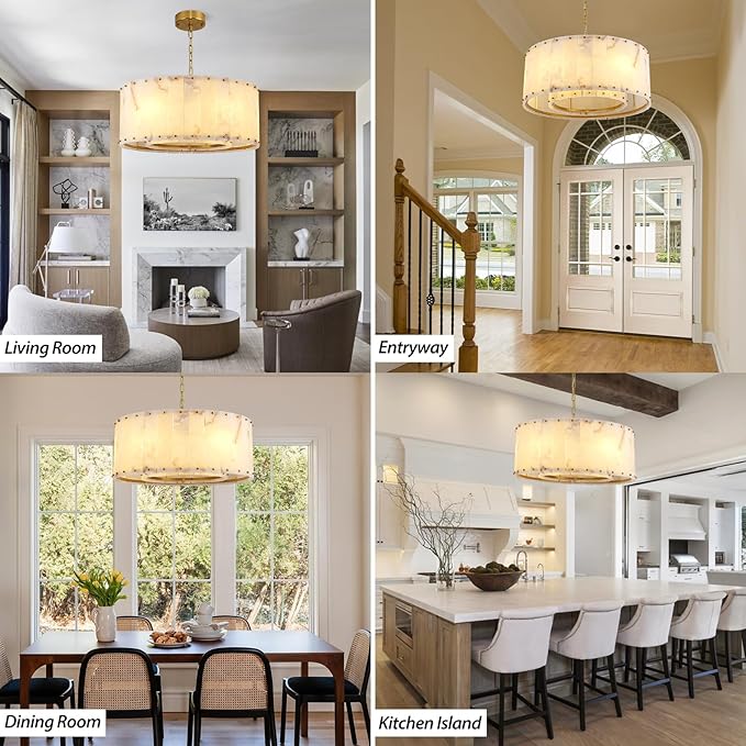 Alabaster Chandelier D24in Spanish Natural Marble Round Chandeliers,Alabaster Pendant Light Fixture,Modern Brass Dining Room Chandelier, Adjustable Gold Chandeliers for Bedroom,Bathroom,Entryway,Foyer