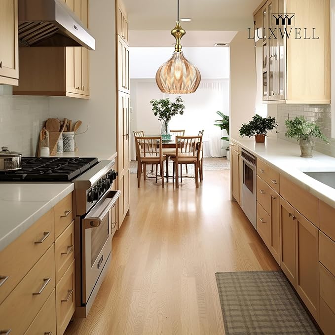 Modern Glass Pendant Light, 9"x15.3" Amber Sunset-Striped Hanging Fixture with Gold Cap, 15"-72" Adjustable Line, E26 Socket for Entryway or Bar Area – Sunset Gold Chalice