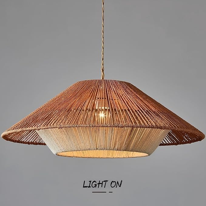 LIGHTLAND 23.6 Inch Bohemian Rattan Pendant Light, Twine Woven Chandelier, Wabi-sabi Style Handwoven Chandelier for Dining Room, Kitchen Island, Living Room