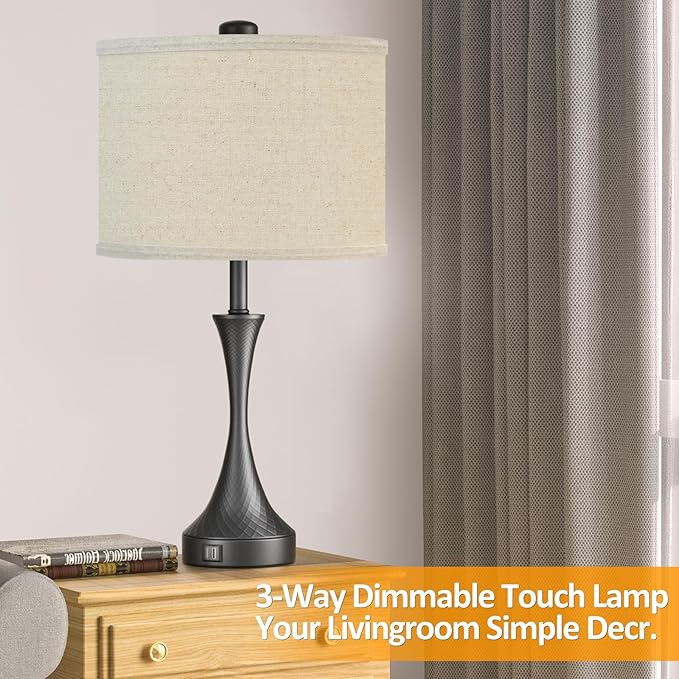 26" Black Touch Table Lamps for Living Room, Modern Farmhouse Touch Lamps for Night Stands Set of 2 with USB Ports, 3 Way Dimmable Bedside Lamps for Bedroom Side Table