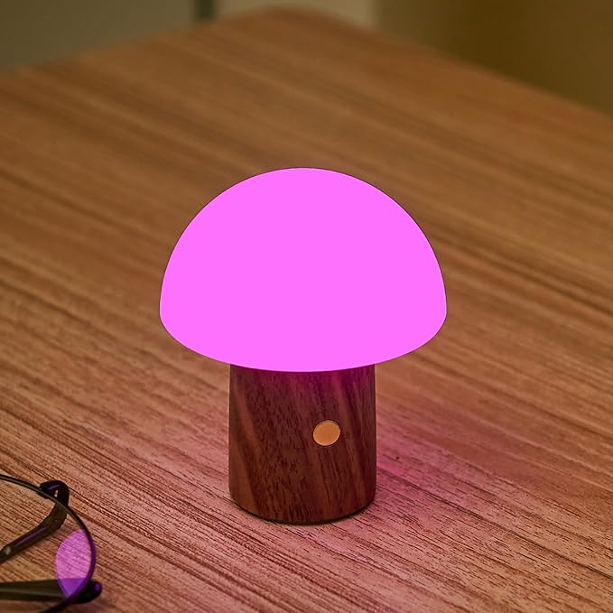 Gingko 7 Colour Changing RGB Alice Mushroom Lamp, Mood Light and Night Lights, Long Life Battery, USB-C Charging, 3 Light Modes, FSC Certified Wood with Frosted ABS Shade (Walnut, Super Mini)