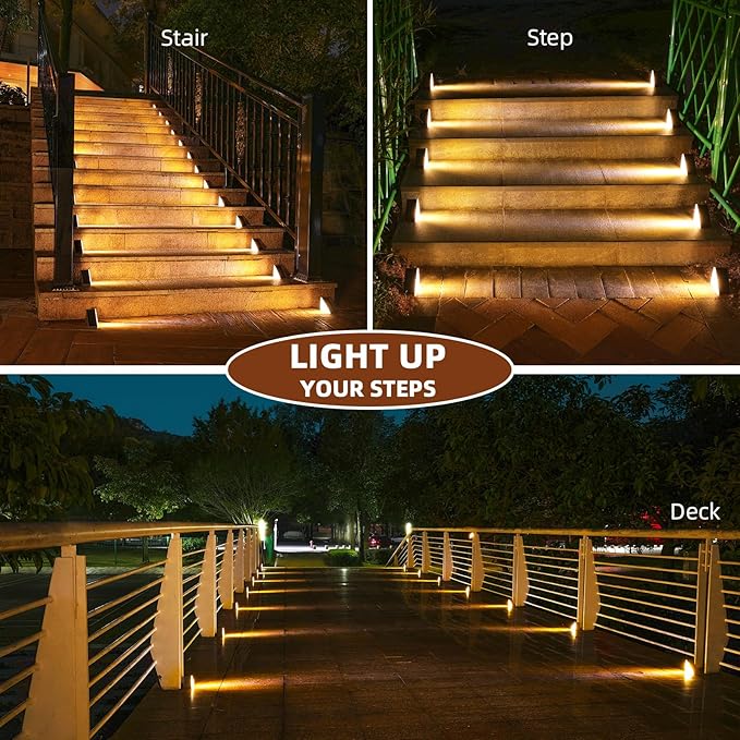 NIORSUN Outdoor Stair Lights 8 Pack, Solar Step Lights IP67 Waterproof with 13 Bright LEDs, 3000K Warm White, Auto On/Off, Triangular Design for Steps, Deck, Patio, Yard, Porch, Sidewalk