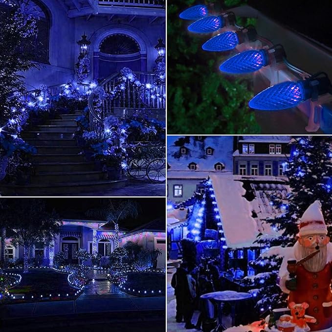 25 Pack C7 Led Replacement Christmas Light Bulb, C7 Shatterproof Led Bulbs for Christmas String Lights, E12 Candelabra Base, Commercial Grade Dimmable Holiday Bulbs, Blue