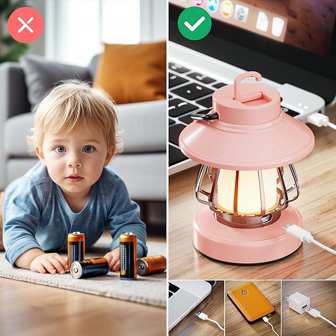 HOMY Pink Retro Kids Camping Lantern, 3-Color Dimmable Portable LED Night Light with Handle, Vintage Decorative Lamp for Toddlers, Gift for Tent, Backyard & Indoor Play