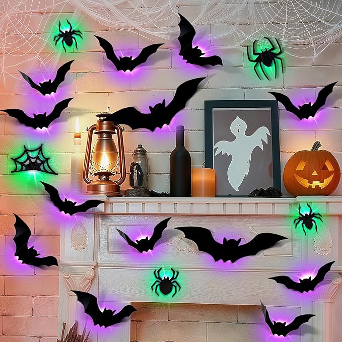 36 Pcs Halloween Bat Wall Decor with LED Lights, 3D Glowing Bat Stickers, Wall Decorations Indoor/Outdoor, LED Halloween Lights Stickers (36 Pcs Bat)
