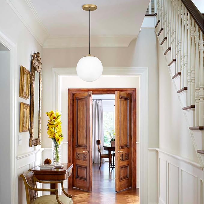 KoKo&Yukina 10" Globe Pendant Light Gold Mid Century Pendant Light Glass Globe Mid Century Modern Light Fixture Brushed Brass Finished with Milk Glass Lampshade for Dining Room Bedroom