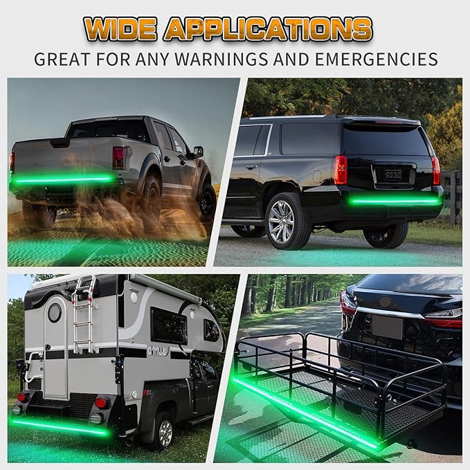 XRIDONSEN 60 inch Truck Tailgate Green Emergency Lights Strip 360 LED Strobe Light Rear Window Lights Flashing Warning Hazard Safety First Responder Lights for Vehicles Trucks Pickup