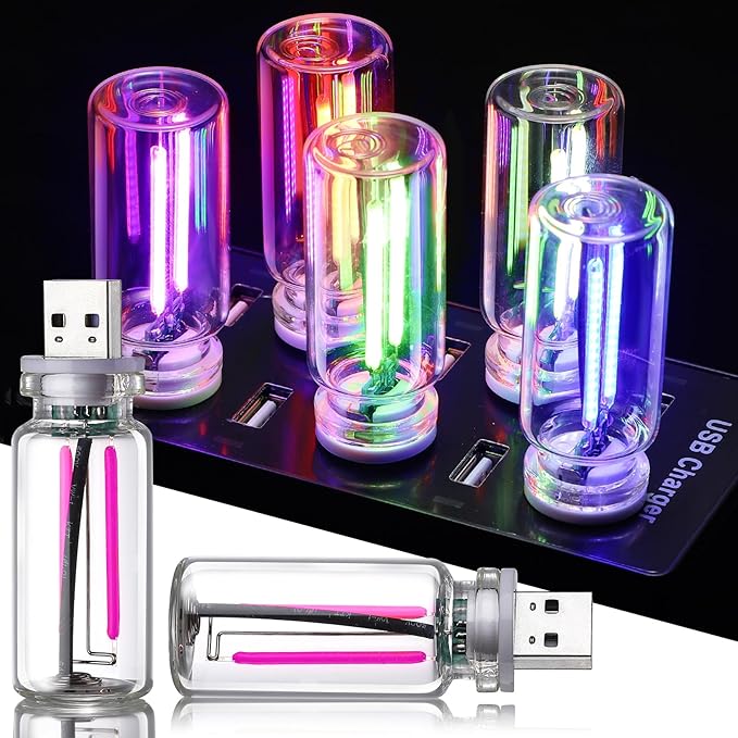 2PCS Mini Glass Bottle USB Light for Car, Touch Control, Plug-in USB Car Lights Interior Ambient Lights, DIY Mini Glass Neon Mood Lamp Retro Night Light for Party Festival Holiday Decoration, Purple