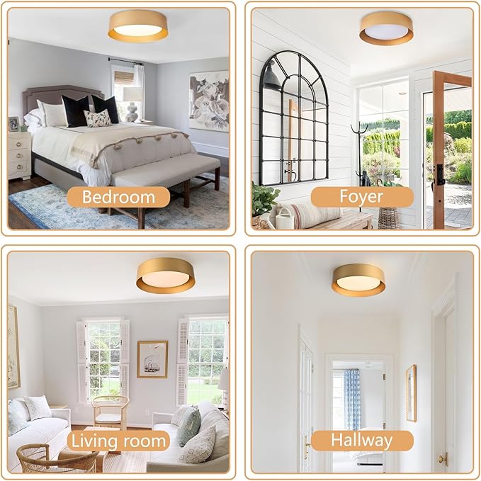 Bargeni Flush Mount Ceiling Light, 12.5 inch LED Ceiling Light Fixture, Polished Gold Finish, Dimmable/3000K/18W, Outdoor Flush Mount Lighting Fixture