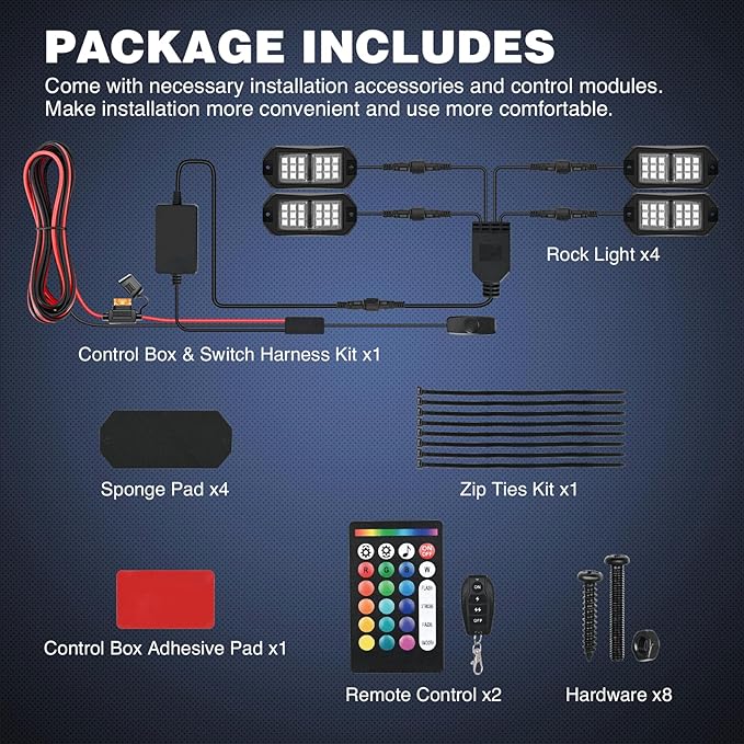 Nilight RGB LED Rock Lights Kit 4 PCS 18LED Wide Angle Wheel Well Light with Remote & Bluetooth App Dual Control Multi Modes Underglow Multicolor Neon Pod for ATV UTV SUV Offroad Truck RZR Boat