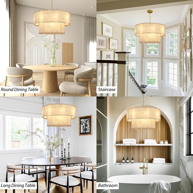 Alabaster Chandelier D32in Spanish Natural Marble Round Chandeliers, 2 Tiers Alabaster Pendant Light,Modern Living Room Chandelier, Dimmable Gold Chandeliers for Dining Room,Bedroom,Bathroom,Entryway