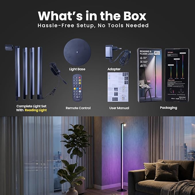 24V Smart RGB Floor Lamp with Independent Color Control Warm & Cool White, 2000 Lumens Reading Light, Music Sync, Compatible with Alexa & Google Assistant, App & Remote Control