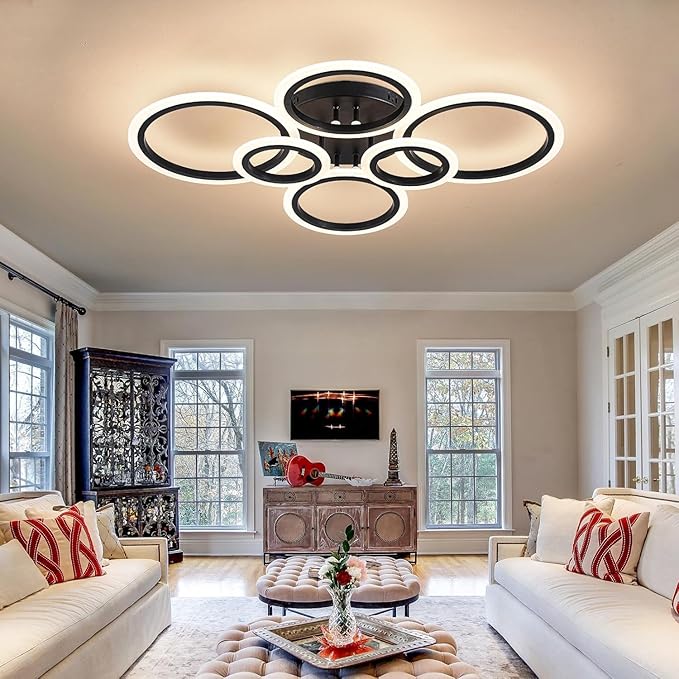 6 Rings Black Modern LED Ceiling Light Fixture, Flush Mount Ceiling Light with Remote Dimmable Brightness, Adjustable 3000-6000K Color Temperature, Timer for Living Room, Bedroom