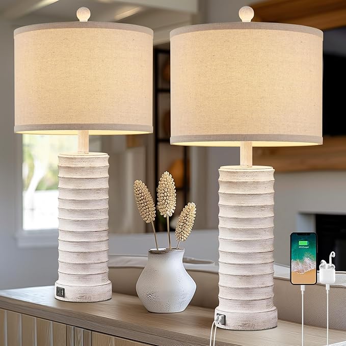 27.5'' Tall Farmhouse Table Lamps for Living Room Set of 2, Rustic Bedroom Lamps for Night Stands, Bedside Lamps with USB Ports for Bedroom Living Room, Nightstand Lamps for End Table, Hallway