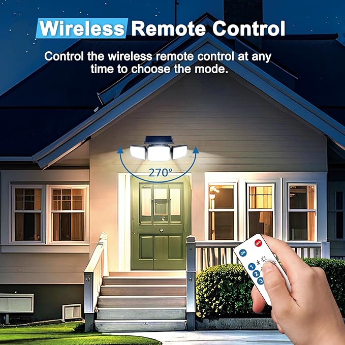 Solar Security Light Outdoor Super Bright LED, Motion Sensor Flood Light, 3 Heads 270° Wide Angle,Remote Control, IP65 Waterproof, 3 Modes (3 Packs)