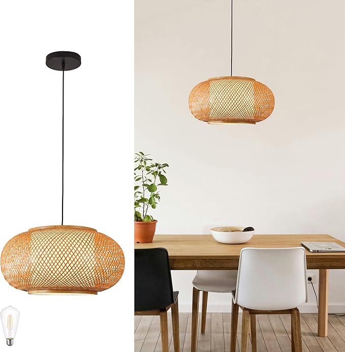 Bamboo Pendant Light Basket Weave Hanging Light, 1 Light Elegant Rattan Chandelier for Kitchen Island Nursery (23")