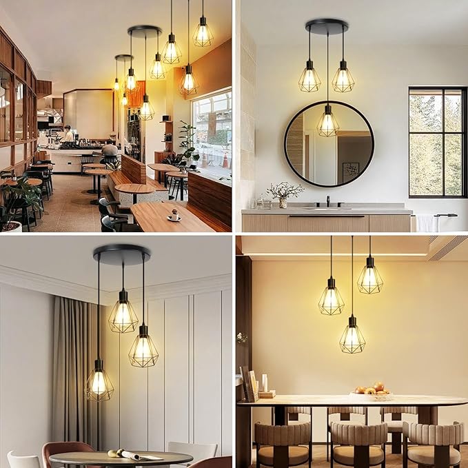 3-Light Pendant Light Fixtures, Adjustable Farmhouse Hanging Light Fixtures with E26 Base, Industrial Vintage Ceiling Lamp for Kitchen Island, Dining Room & Hallway