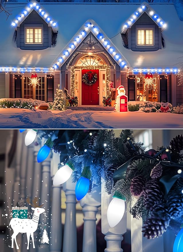 Vintage C9 LED Christmas Lights Outdoor, 100 Feet C9 String Lights with 50 Shatterproof C9 Bulbs, Waterproof Connectable Christmas Tree Lights for Outside Roofline Patio Xmas Decor, Blue & Pure White