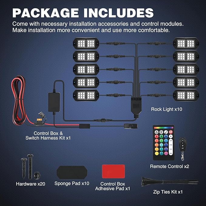 Nilight RGB LED Rock Lights Kit 10 PCS 18LED Wide Angle Wheel Well Light with Remote & Bluetooth App Dual Control Multi Modes Underglow Multicolor Neon Pod for ATV UTV SUV Offroad Truck RZR Boat