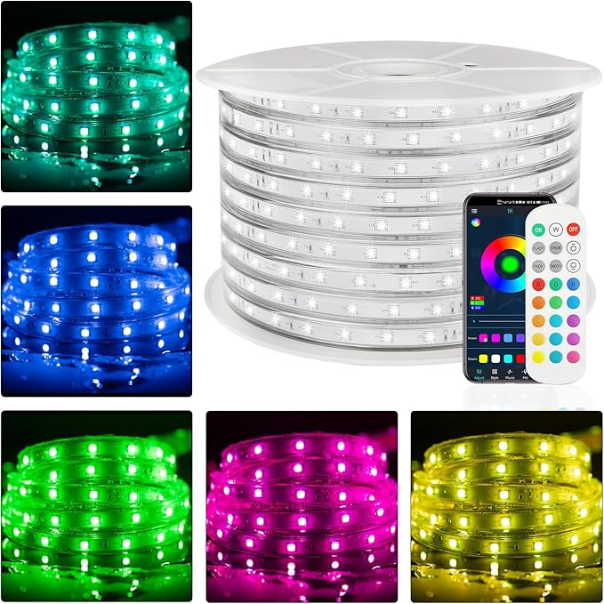 32.8ft Outdoor LED Strip Lights Waterproof,RGB LED Rope Lights Outdoor Waterproof Color Changing APP Remote Control Music Sync,36LED/m Flexible Rope Lights for Outside Camper Pool Deck Christmas